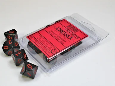 10-Sided Dice (d10) - Opaque Black with Red - Set of 10