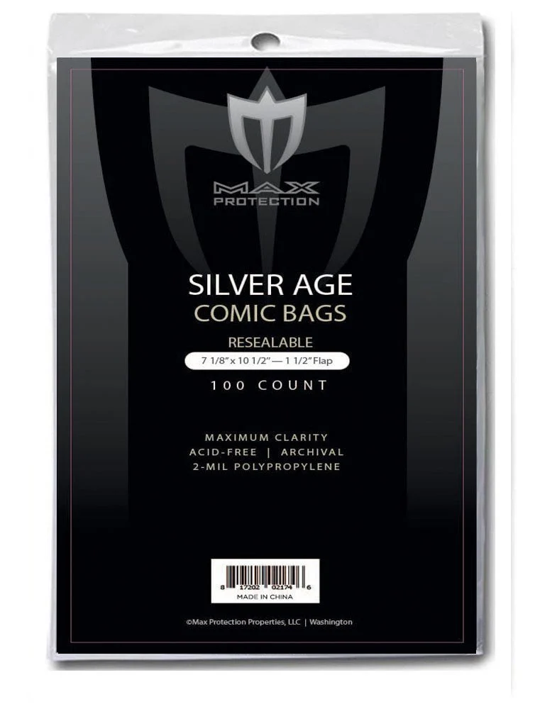 100ct Pack Silver Comic Bags - Resealable - 7-1/8x10-1/2