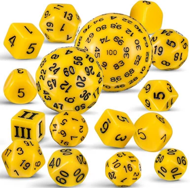 15-piece Dice Set - d3 to d100 - Yellow