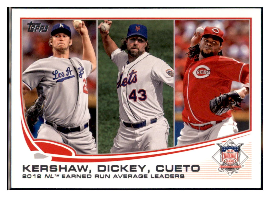 2013 Topps Johnny Cueto / Clayton Kershaw / R.A. Dickey Blue Los Angeles Dodgers / Cincinnati Reds / New York Mets Baseball Card DPT1C