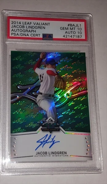 2014 Leaf Valiant Jacob Lindgren Green Prismatic Dual Graded 10 Autographed Prospect Baseball Card