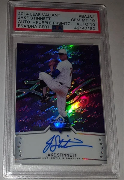 2014 Leaf Valiant Jake Stinnett Dual Graded 10 Autographed Purple Prismatic Baseball Card