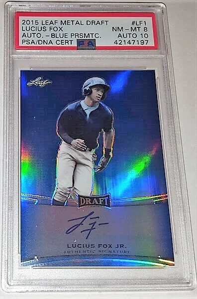 2015 Leaf Metal Draft Lucius Fox Jr. Blue Prismatic PSA Dual Graded 10 Autographed Baseball Card #'d/50