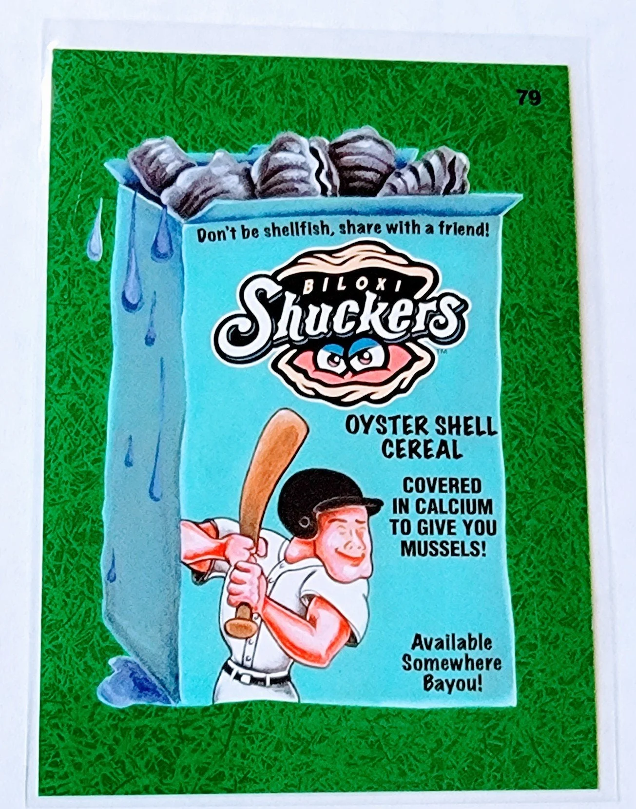 2016 Topps MLB Baseball Wacky Packages Boloxi Shuckers Oyster Shell Cereal Green Grass Parallel Sticker Trading Card MCSC1