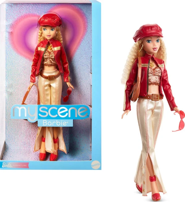 Barbie Signature My Scene Doll & Accessories, in Y2K-Inspired Outfit with Pleather Jacket, Flare Pants, Saddle Bag & Display Stand