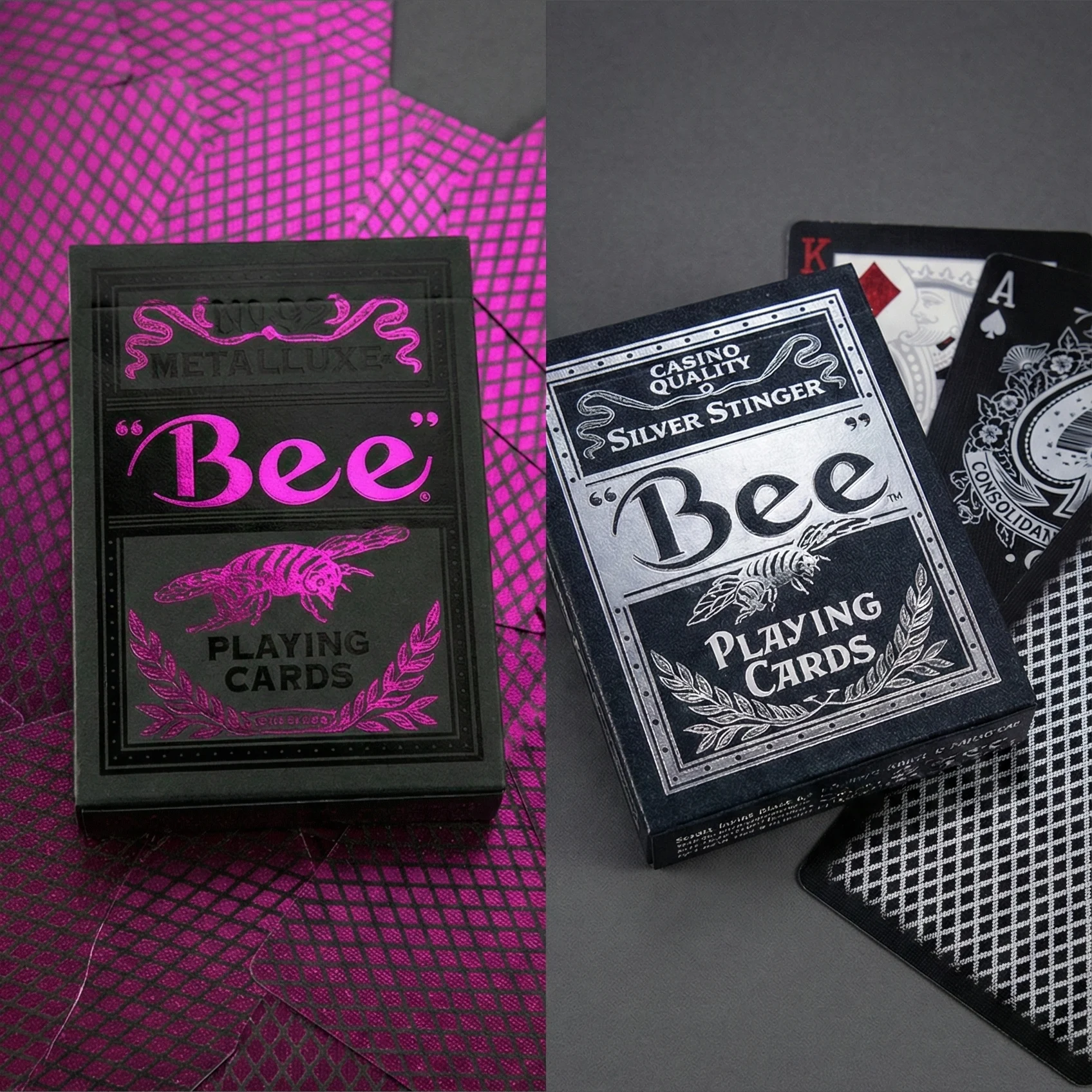 Bee Metalluxe & Stinger Bundle – Rare Silver & Magenta 2-Deck Set in Carat X2 Case