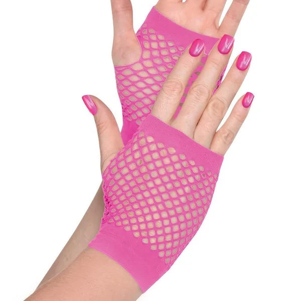 Chic & Bold Polyester Pink Short Fishnet Gloves (One Size) - 2 Pc - Perfect for Parties and Costumes