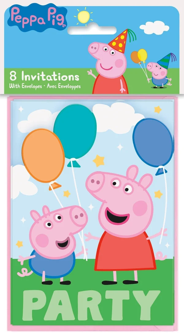 Delightful Multicolor Peppa Pig Rectangular Paper Cards Invitations - 8 Count | Unique, Stylish & Eye-Catching Design - Perfect for Kids' Parties