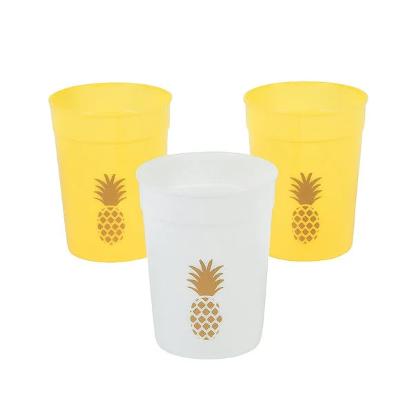 Fun Express Set of 12 Pieces Pineapple Plastic Party Cups, Each holds 12 oz, BPA Free Plastic, Luau, Tiki and Tropical Party Supplies, White & Gold