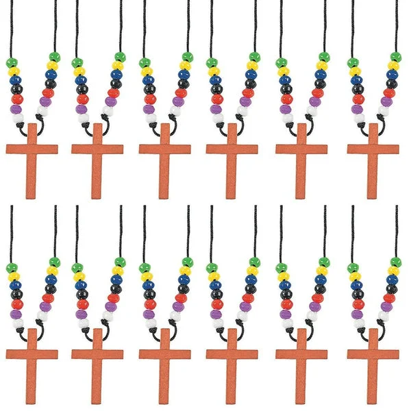 Fun Express Wooden Cross Necklaces with Multi color Beads (set of 12)