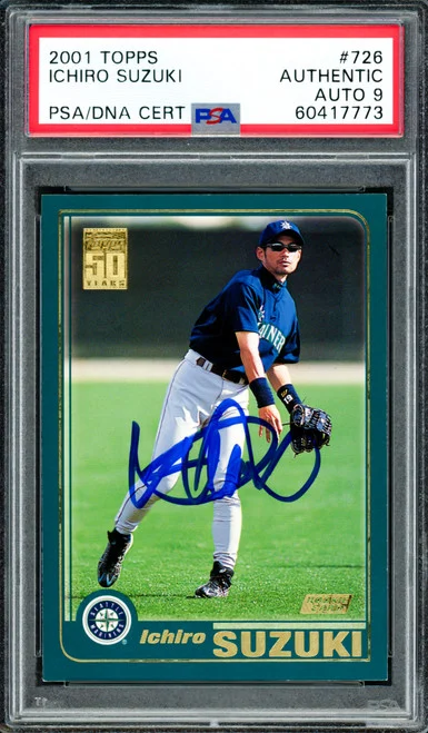 Ichiro Suzuki Autographed 2001 Topps Rookie Card #726 Seattle Mariners Auto Grade Gem Mint 10 Beckett BAS #13018332