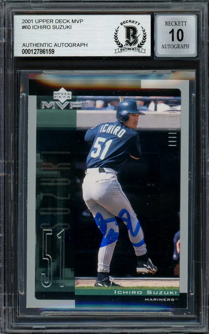 Ichiro Suzuki Autographed 2001 Upper Deck MVP Rookie Card #60 Seattle Mariners Auto Grade 10 Beckett BAS Stock #182375