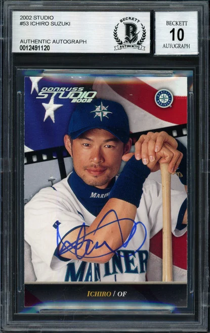 Ichiro Suzuki Autographed 2002 Donruss Studio Card #53 Seattle Mariners Auto Grade 10 Beckett BAS #12491121
