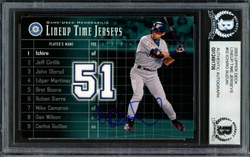 Ichiro Suzuki Autographed 2002 Upper Deck Lineup Time Jerseys Card #LT-IS Seattle Mariners Beckett BAS #12491706