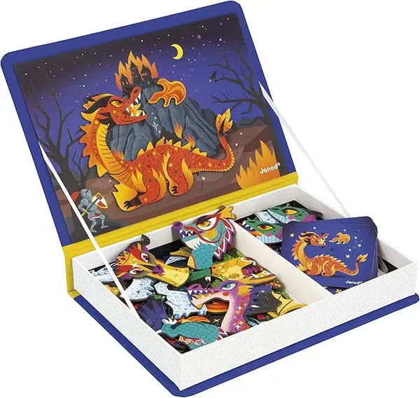 Janod MagnetiBook Dragons - 53 Piece Magnetic Educational Game - 10 Model Cards - STEM Toy for Kids Ages 3+