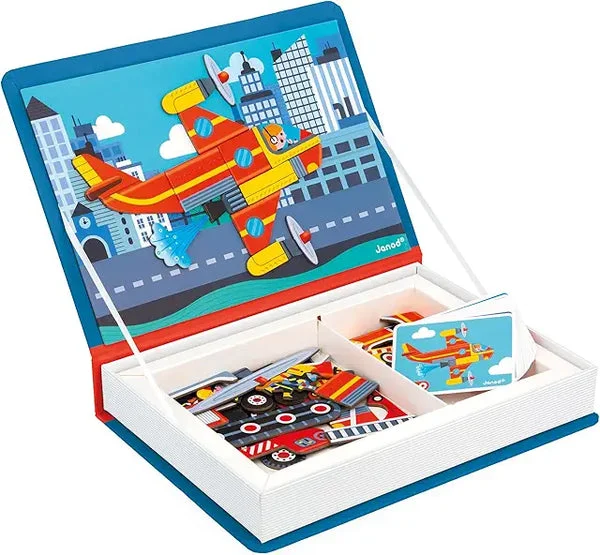Janod MagnetiBook Firefighters - 60 Piece Magnetic Educational Game - 18 Model Cards - STEM Toy for Kids Ages 3+