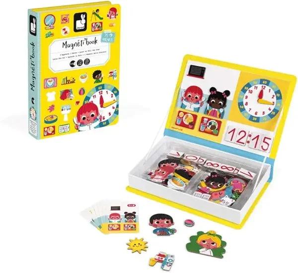 Janod MagnetiBook Telling Time - 94 Piece Magnetic Learning Game - STEM Toy for Kids Ages 3+