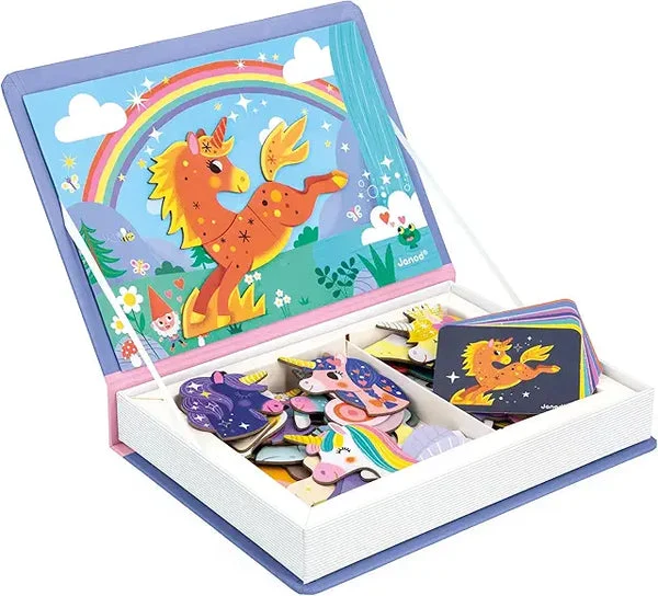 Janod MagnetiBook Unicorns - 44 Piece Magnetic Educational Game - 10 Model Cards - STEM Toy for Kids Ages 3+