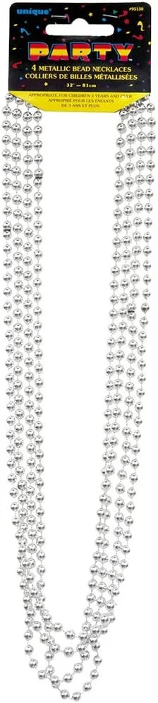 Metallic Silver Plastic Bead Necklaces - 32'', 4 Count
