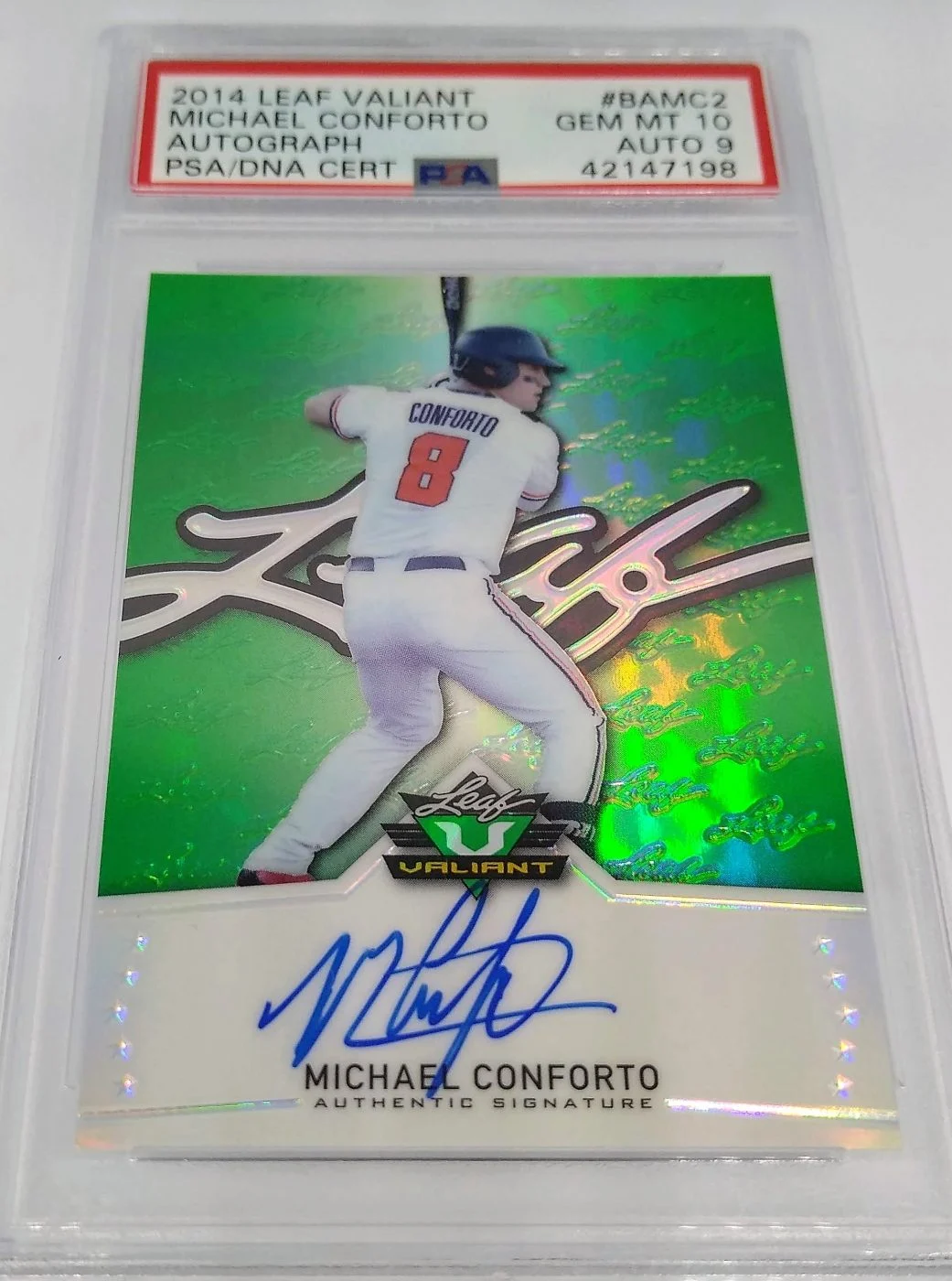 Michael Conforto 2014 Leaf Valiant Green Autographed PSA Dual Graded 10/9 Baseball Card