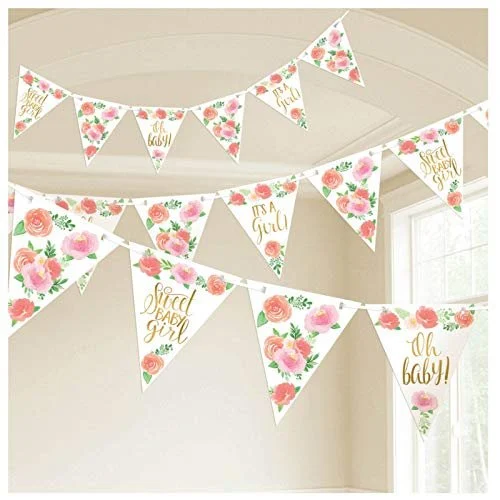 Multicolor Floral Baby Paper Pennant Banner - 15' (Pack of 1) - Elegant & Unique Decor for Baby Shower Or Nursery Room