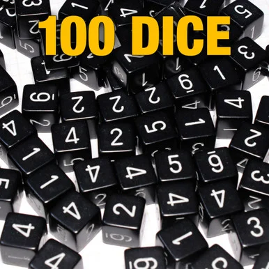 Opaque 6-sided Numeral Dice - Set of 100 Black d6s
