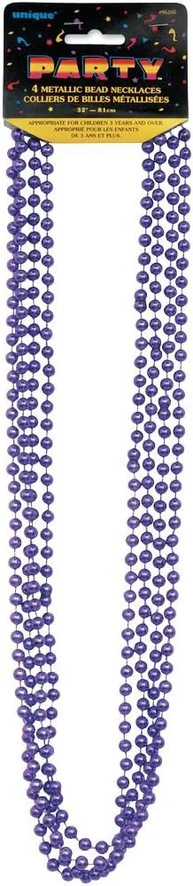 Purple Metallic Green Bead Plastic Necklaces - 32" (4 Pack)