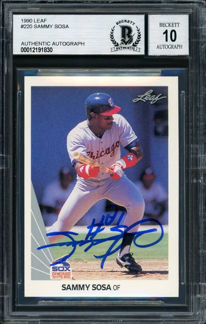 Sammy Sosa Autographed 1990 Leaf Rookie Card #220 Chicago White Sox Auto Grade 10 Beckett BAS Stock #177678