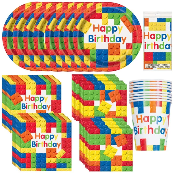 Unique Building Blocks Birthday Party Bundle | Luncheon & Beverage Napkins, Dinner Plates, Table Cover, Cups | Great for Block Themed Parties