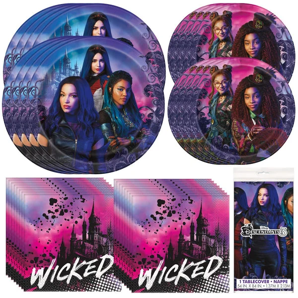 Unique Disney Descendants 3 Party Bundle, Dinner & Dessert Plates, Luncheon Napkins, Table Cover, Great for Fantasy Themed Celebrations, Birthday Bash, Halloween Parties