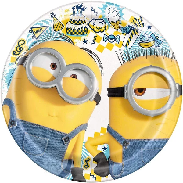 Unique Fun & Festive Minions 2 Round Dessert Plates Set - 7" (8 Pc.) - Perfect for Themed Parties & Celebrations