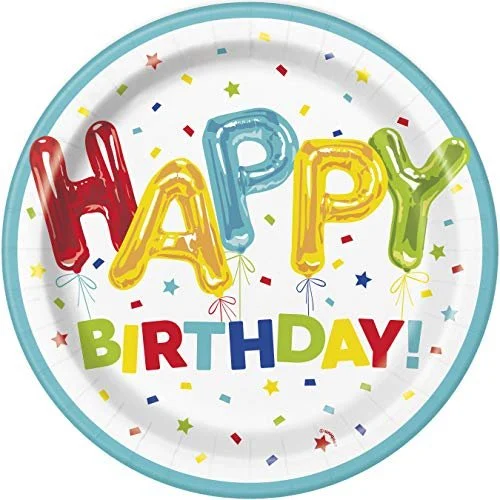 Unique Happy Balloon Birthday Round Multicolor Dinner Plates -9" (Pack of 8) - Colorful Birthday Celebration Tableware - Perfect for Kids & Adults