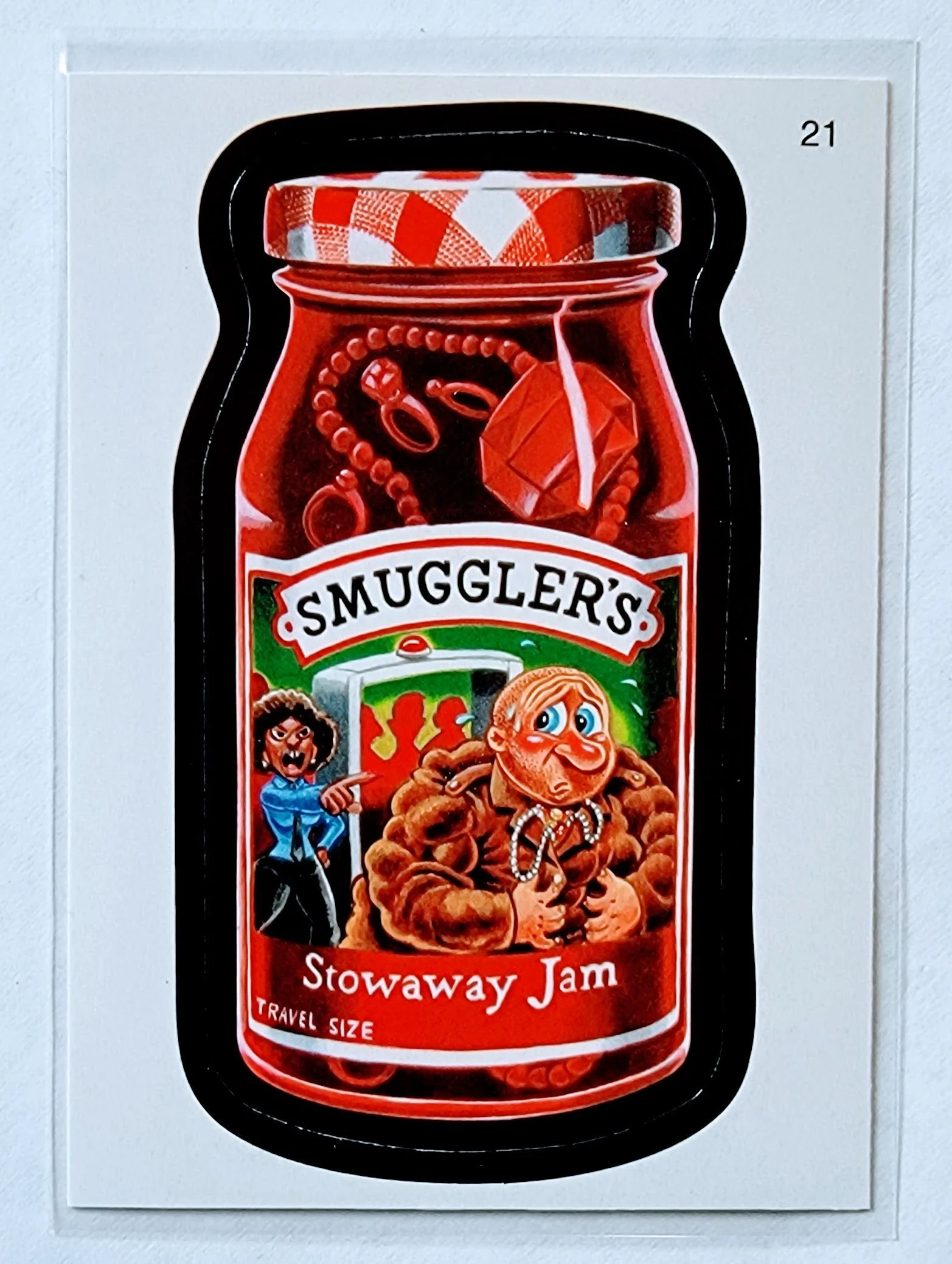 Wacky Packages Smugglers Stowaway Jam Sticker Trading Card MCSC1