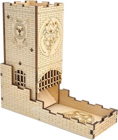 Wooden Castle Dice Tower with Tray - Dragon Design
